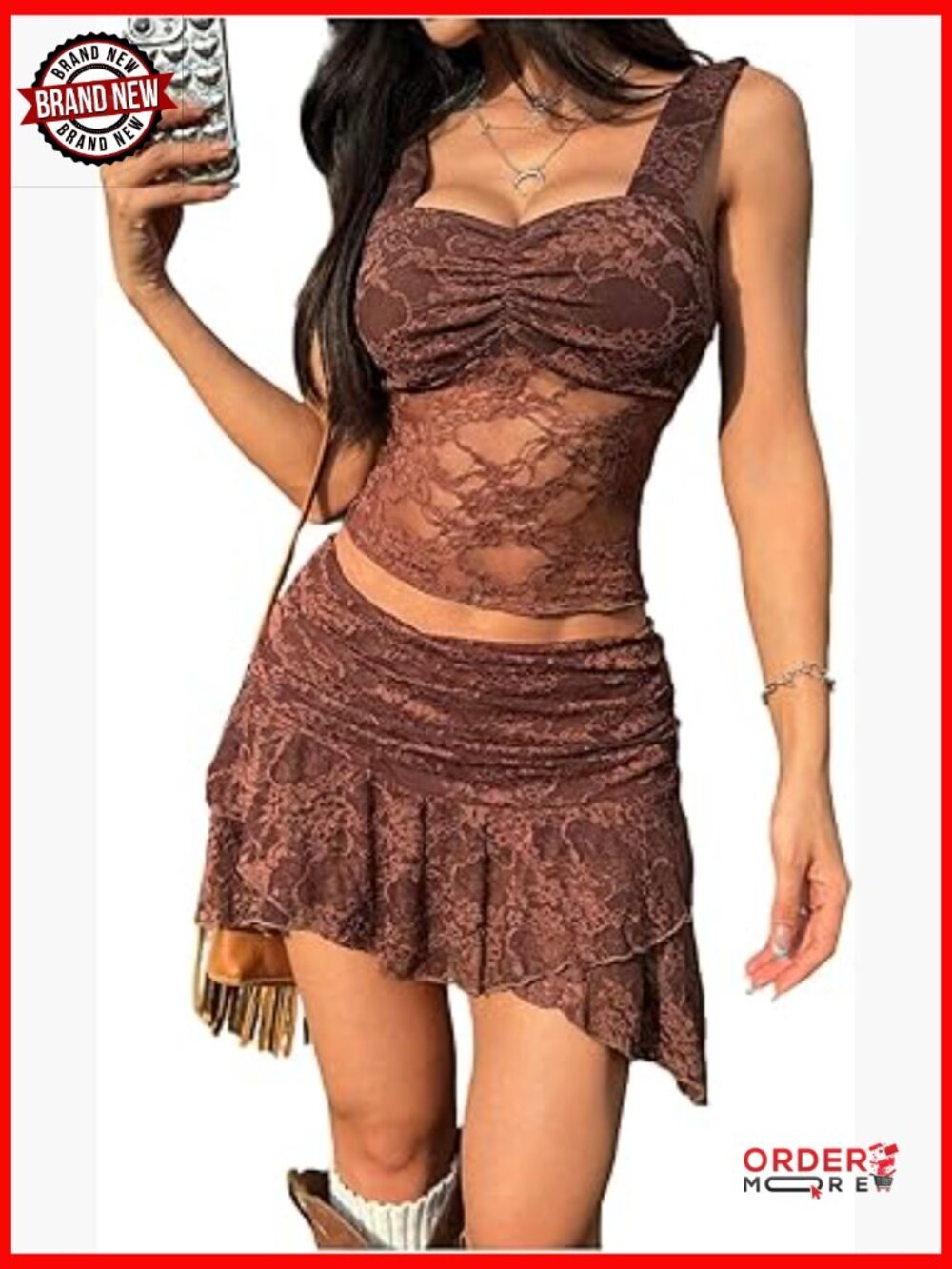 Y2K Western Lace Crop Top & Low Rise Ruffle Mini Skirt Set Cowgirl Outfit